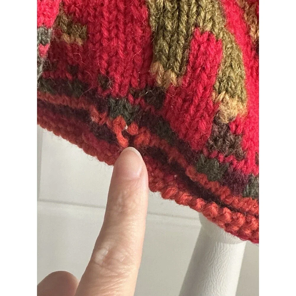 Vintage Hand Knit Wool Cardigan South American Motif Red Green Chunky Boho L/XL - Picture 4 of 10